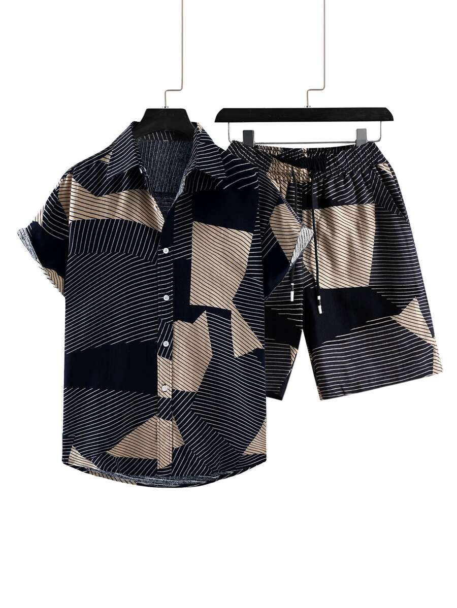 Manfinity Men Random Striped Colorblock Shirt & Drawstring Waist Shorts - Multicolor - View 1