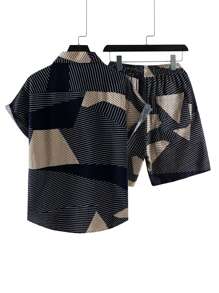 Manfinity Men Random Striped Colorblock Shirt & Drawstring Waist Shorts - Multicolor - View 2