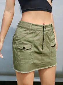 SHEIN EZwear 翻蓋口袋毛邊工裝裙