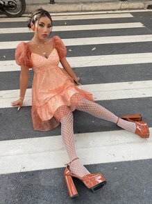 SHEIN Floral Print Puff Sleeve Ruffle Hem Organza Dress - Multicolor - View 2