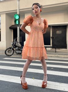 SHEIN Floral Print Puff Sleeve Ruffle Hem Organza Dress - Multicolor - View 4