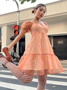 SHEIN Floral Print Puff Sleeve Ruffle Hem Organza Dress - Multicolor - View 5