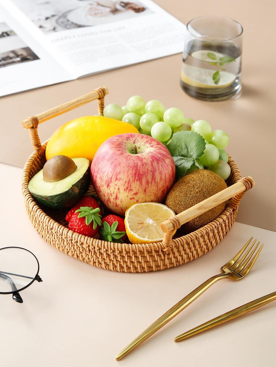 1pc Double Handle Braided Wooden Fruit Basket - Brown - View 1