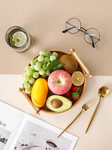 1pc Double Handle Braided Wooden Fruit Basket - Brown - View 3