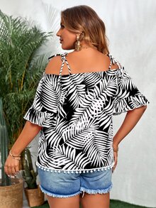 Blusa con estampado de plantas de hombros descubiertos ribete con fruncido con pompón bajo - Blanco y Negro - Ver 2