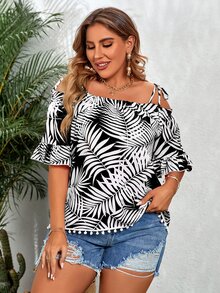 Blusa con estampado de plantas de hombros descubiertos ribete con fruncido con pompón bajo - Blanco y Negro - Ver 3
