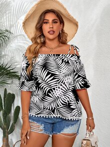 Blusa con estampado de plantas de hombros descubiertos ribete con fruncido con pompón bajo - Blanco y Negro - Ver 4