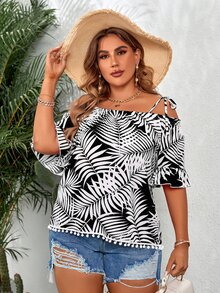Blusa con estampado de plantas de hombros descubiertos ribete con fruncido con pompón bajo - Blanco y Negro - Ver 6