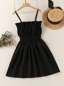 SHEIN Girls Frill Trim Shirred Cami Dress - Black - View 1