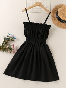 SHEIN Girls Frill Trim Shirred Cami Dress - Black - View 2