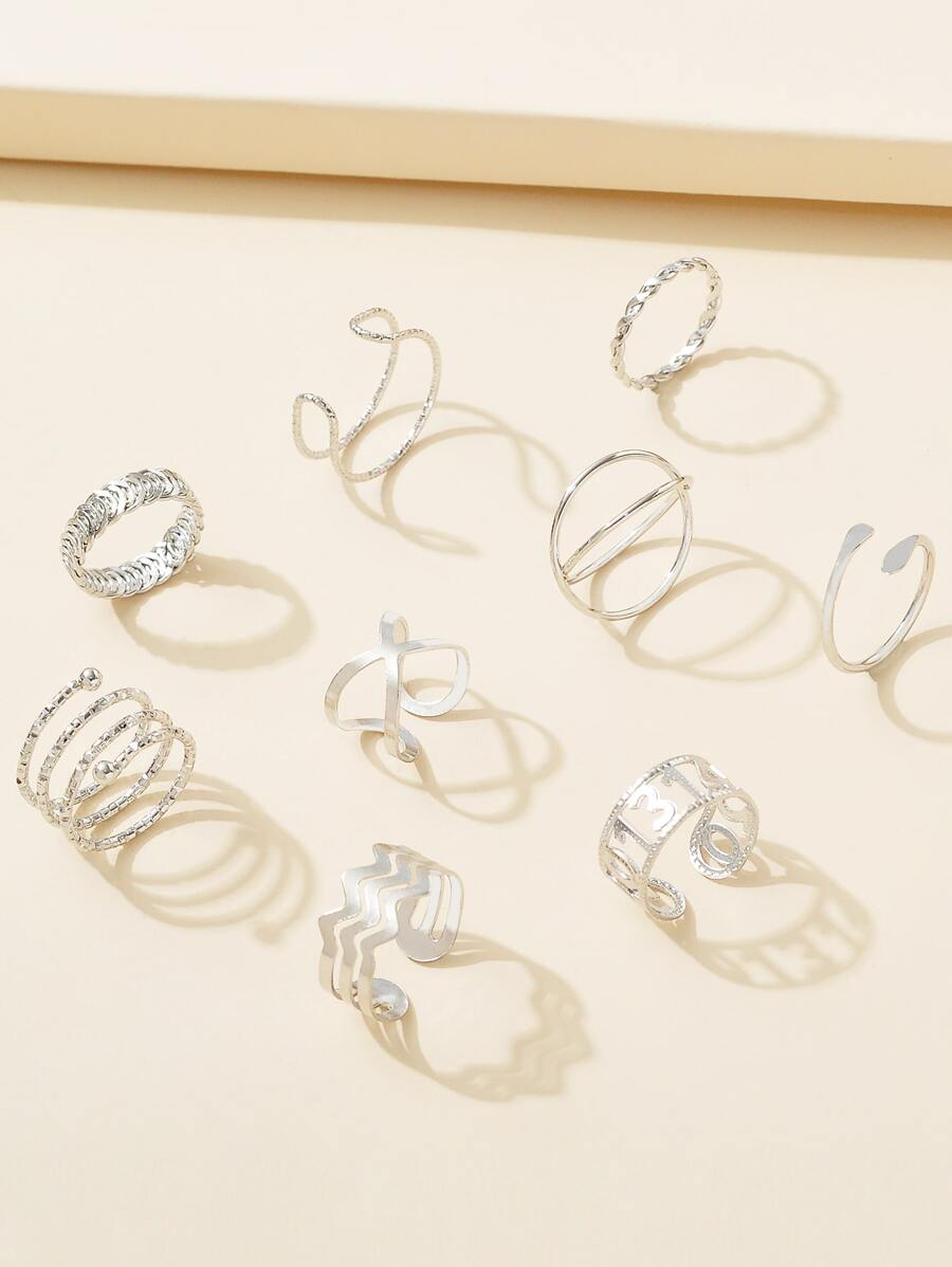 9pcs Number Decor Ring - Silver - View 1