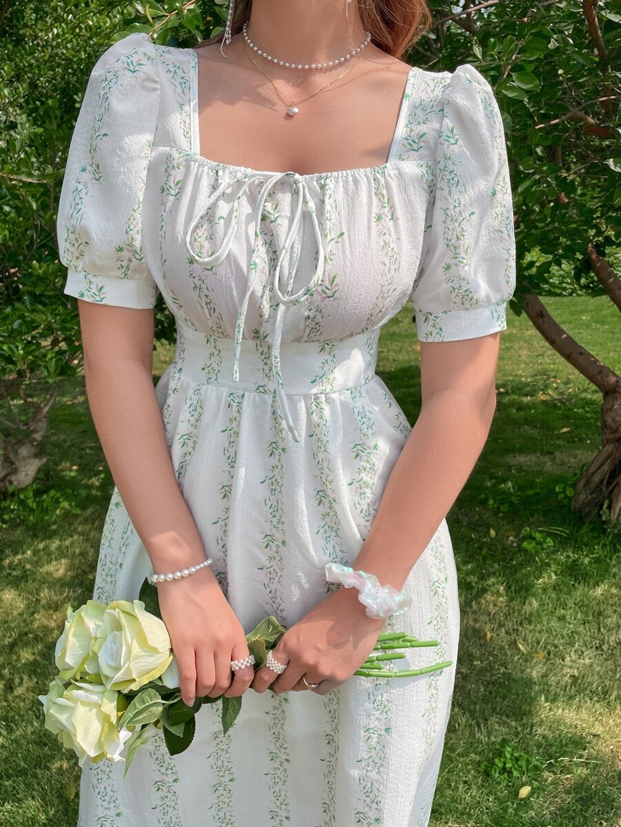 Seusyu Allover Plants Print Square Neck Knot Front Dress Cottagecore Dress Maxi Women Outfit - White - View 1