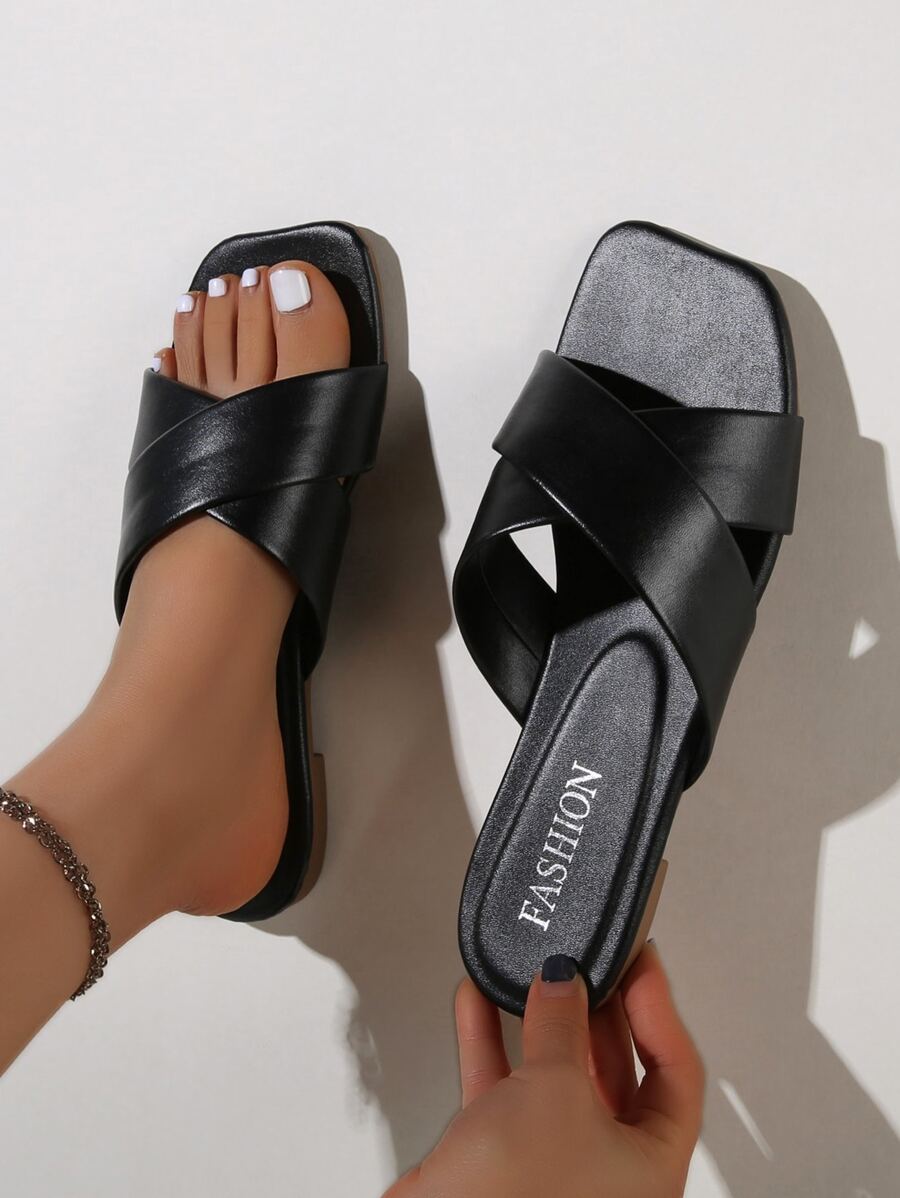 Criss Cross Strap Slide Sandals - Black - View 1