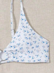 SHEIN Swim Summer Beach Floral Ring Linked Bikini - Blue and White - View 4