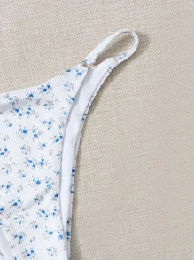 SHEIN Swim Summer Beach Floral Ring Linked Bikini - Blue and White - View 3