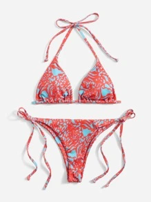 SHEIN Swim Summer Beach Allover Print Rib Halter Triangle Bikini - Burnt Orange - View 1