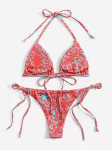 SHEIN Swim Summer Beach Allover Print Rib Halter Triangle Bikini - Burnt Orange - View 2