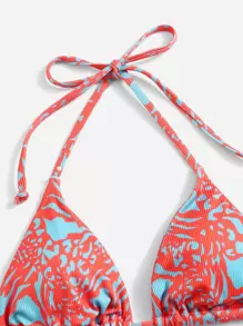 SHEIN Swim Summer Beach Allover Print Rib Halter Triangle Bikini - Burnt Orange - View 4