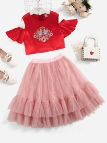 SHEIN Girls Floral Embroidery Cold Shoulder Top & Mesh Skirt - Multicolor - View 1