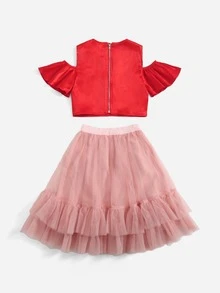 SHEIN Girls Floral Embroidery Cold Shoulder Top & Mesh Skirt - Multicolor - View 2