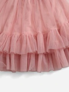 SHEIN Girls Floral Embroidery Cold Shoulder Top & Mesh Skirt - Multicolor - View 3