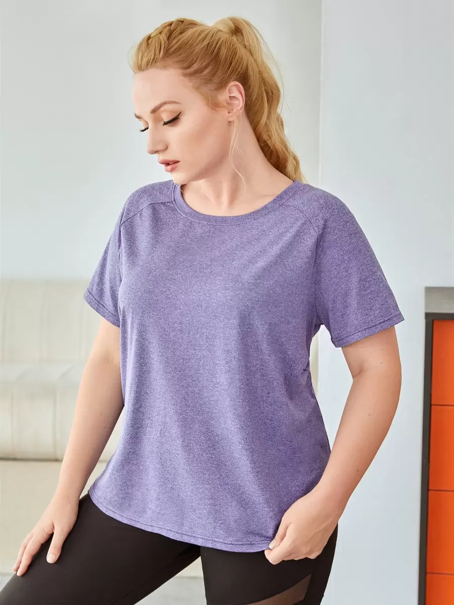 SHEIN Sports 大碼素色插肩袖運動T恤 - 紫色 - 查看 1