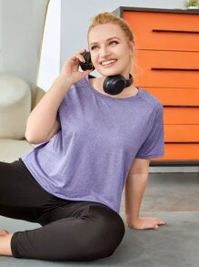 SHEIN Sports 大碼素色插肩袖運動T恤 - 紫色 - 查看 3