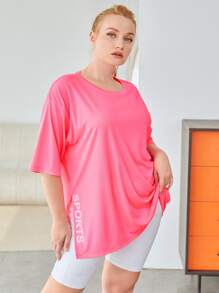 Plus Softness Letter Graphic Split Hem Sports Tee - Watermelon Pink - View 1