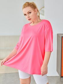 Plus Softness Letter Graphic Split Hem Sports Tee - Watermelon Pink - View 4