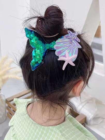 1支女孩新款春夏閃耀美人魚髮夾,魚尾,海貝與海星細節