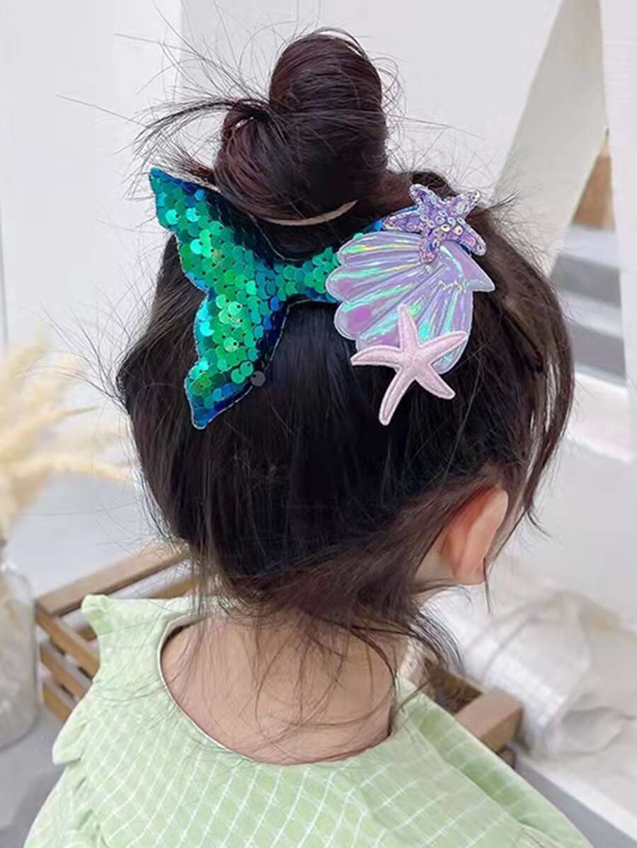 1支女孩新款春夏閃耀美人魚髮夾,魚尾,海貝與海星細節 - 綠色 - 查看 1