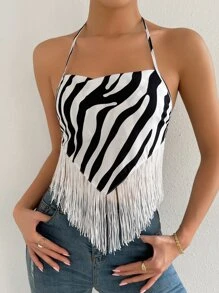 Zebra Striped Fringe Trim Backless Knot Halter Top - Black and White - View 1