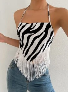 Zebra Striped Fringe Trim Backless Knot Halter Top - Black and White - View 4