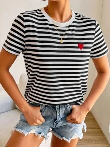 SHEIN Frenchy Striped Print Heart Embroidery Tee Summer Thanks Giving Casual - Black and White - View 1