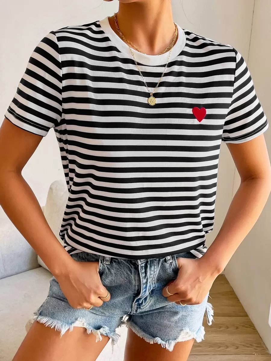 SHEIN Frenchy Striped Print Heart Embroidery Tee Summer Thanks Giving Casual - Black and White - View 1