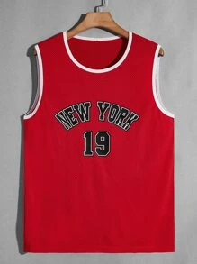 Aesthetic Post--Men Letter Graphic Contrast Binding Tank Top - Red - View 1