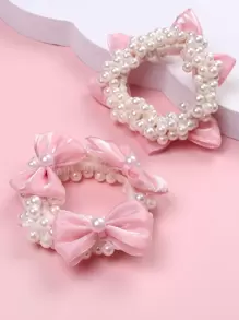 2入組女孩珍珠裝飾的蝴蝶結髮圈,適用於日常生活或婚禮花童裝扮