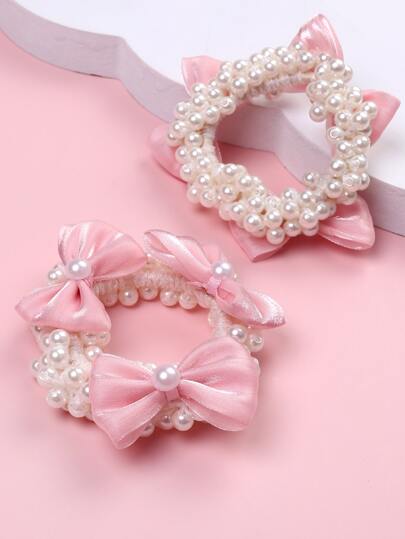 2pcs Girls' Pearl Decor Hair Ties With Bowknot For Ponytail Or Bun, Suitable For Daily Life Or Wedding Flower Girls