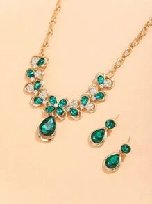 Rhinestone Decor Water-drop Pendant Necklace & Drop Earrings - Green - View 2