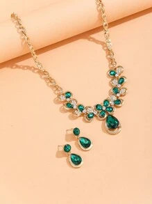 Rhinestone Decor Water-drop Pendant Necklace & Drop Earrings - Green - View 3