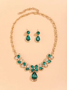 Rhinestone Decor Water-drop Pendant Necklace & Drop Earrings - Green - View 4