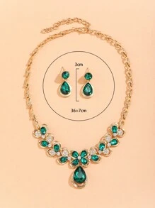 Rhinestone Decor Water-drop Pendant Necklace & Drop Earrings - Green - View 5
