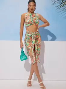 SHEIN Vestido con estampado de plantas con abertura fruncido - Multicolor - Ver 1