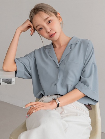 Blouse devant boutonnée avec épaule tombante, affaires décontractées pour femme