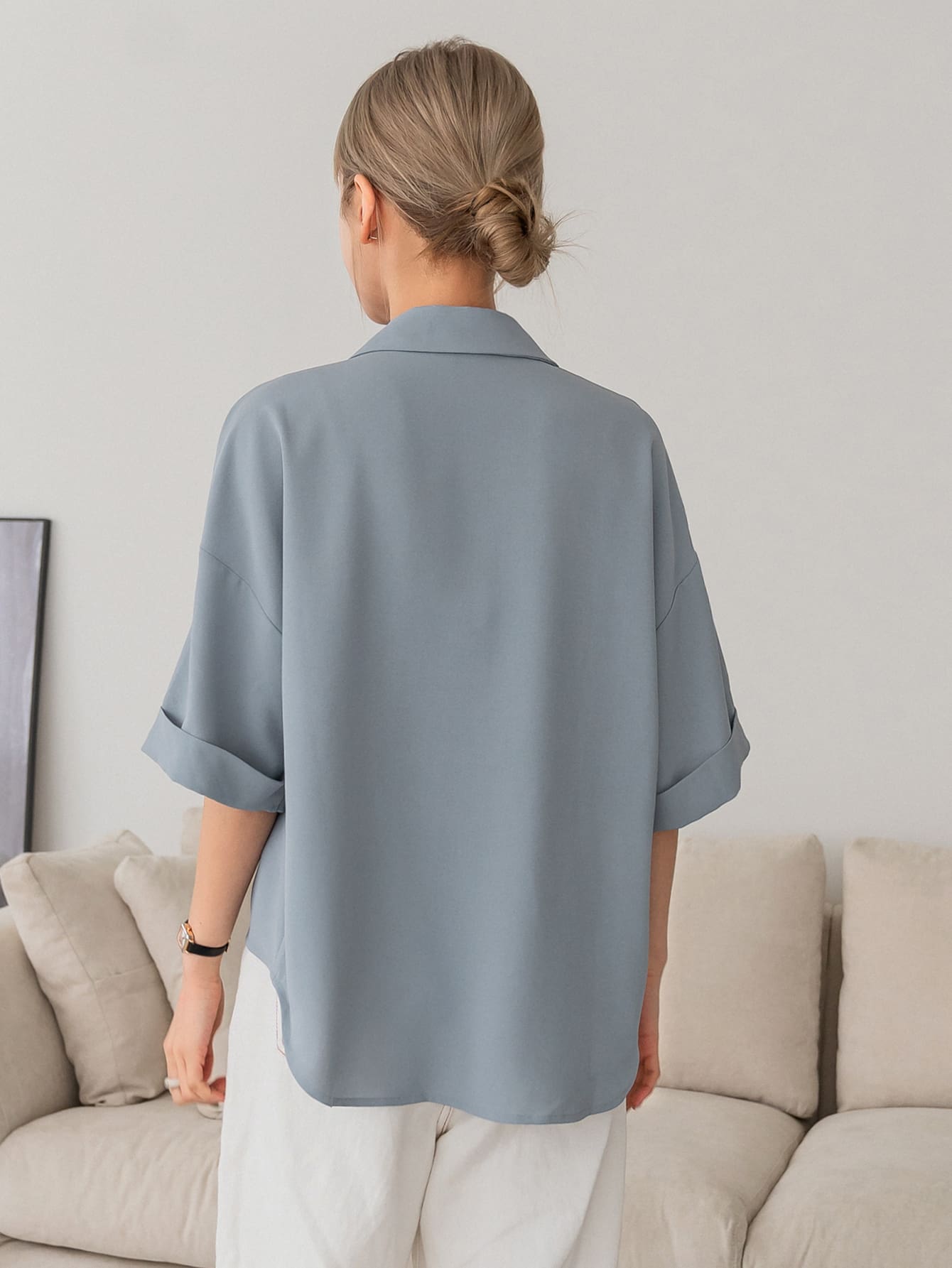 Button Front Drop Shoulder Blouse,Business Casual Women