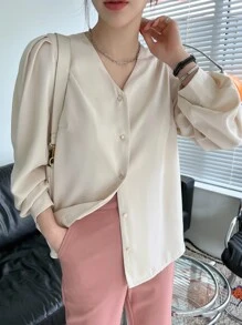 DAZY Blusa con botón delantero de manga farol - Beis - Ver 1