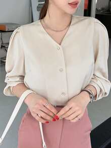 DAZY Blusa con botón delantero de manga farol - Beis - Ver 6