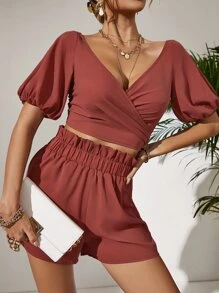Lantern Sleeve Wrap Top & Shorts - Rust Brown - View 6