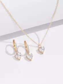 3 件方晶锆石装饰心形吊坠耳环和项链铜饰品情人节 - 金黃色 - 查看 1