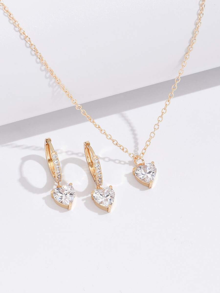 3 件方晶锆石装饰心形吊坠耳环和项链铜饰品情人节 - 金黃色 - 查看 1